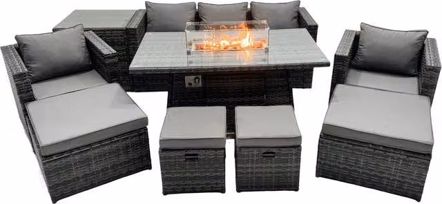 Fimous 9 Seater Rattan Garden Furniture Firepit Dining Set with Lounge Sofa, Table, Side Table and 4 Footstools in Dark Grey – 1