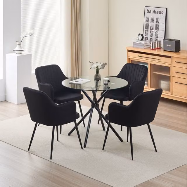Madefor.living New York Round Glass Dining Table and Charlotte Velvet Chairs Set in Black
