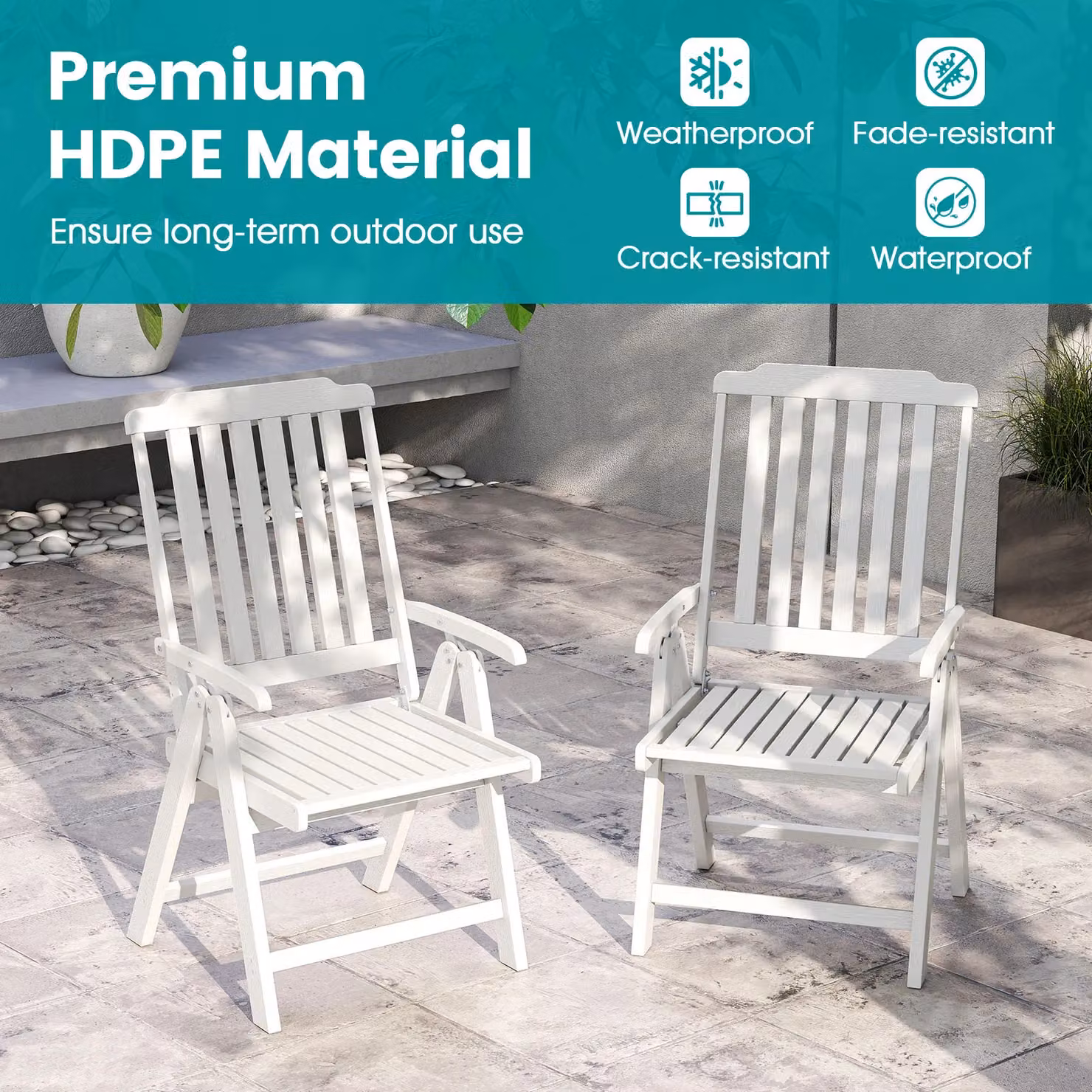 Gymax Foldable All-Weather HDPE Outdoor Dining Chair with Armrests, White – 3