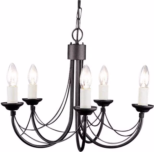 Elstead Carisbrooke 5 Light Gothic Ceiling Chandelier in Black with Transparent Glass and E14 Fittings