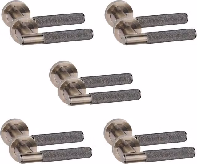 Golden Grace 5 Pairs of Straight T-Bar Knurled Door Handles on Round Rose in Antique Brass