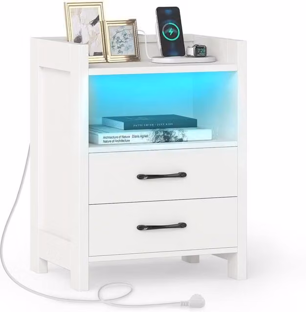Gymax Modern White Nightstand with Integrated LED Lighting and Power Outlets