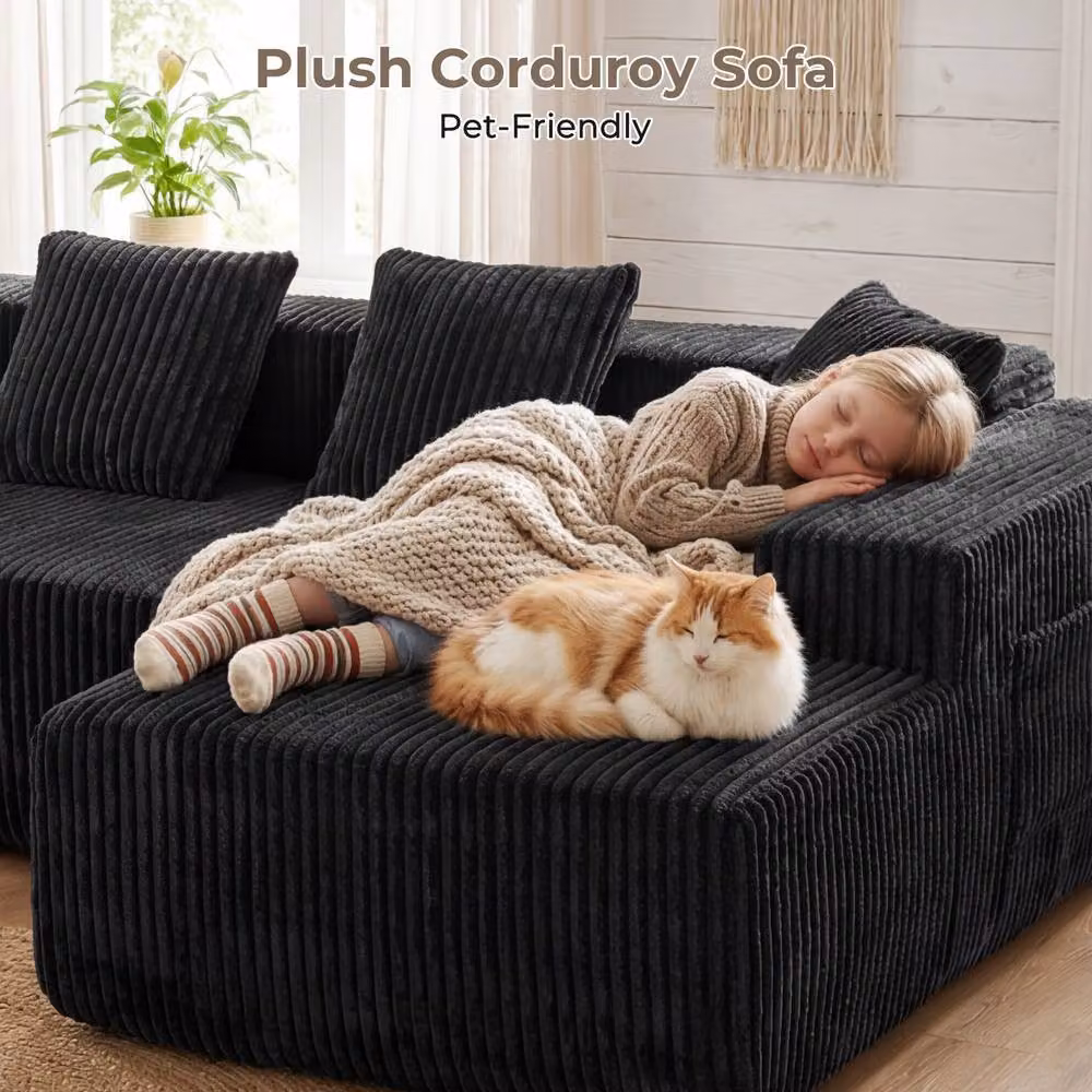 Dprodo 261 cm Modular Right L-Shaped 4 Seater Sectional Corner Sofa in Black Velvet Cord Fabric – 4