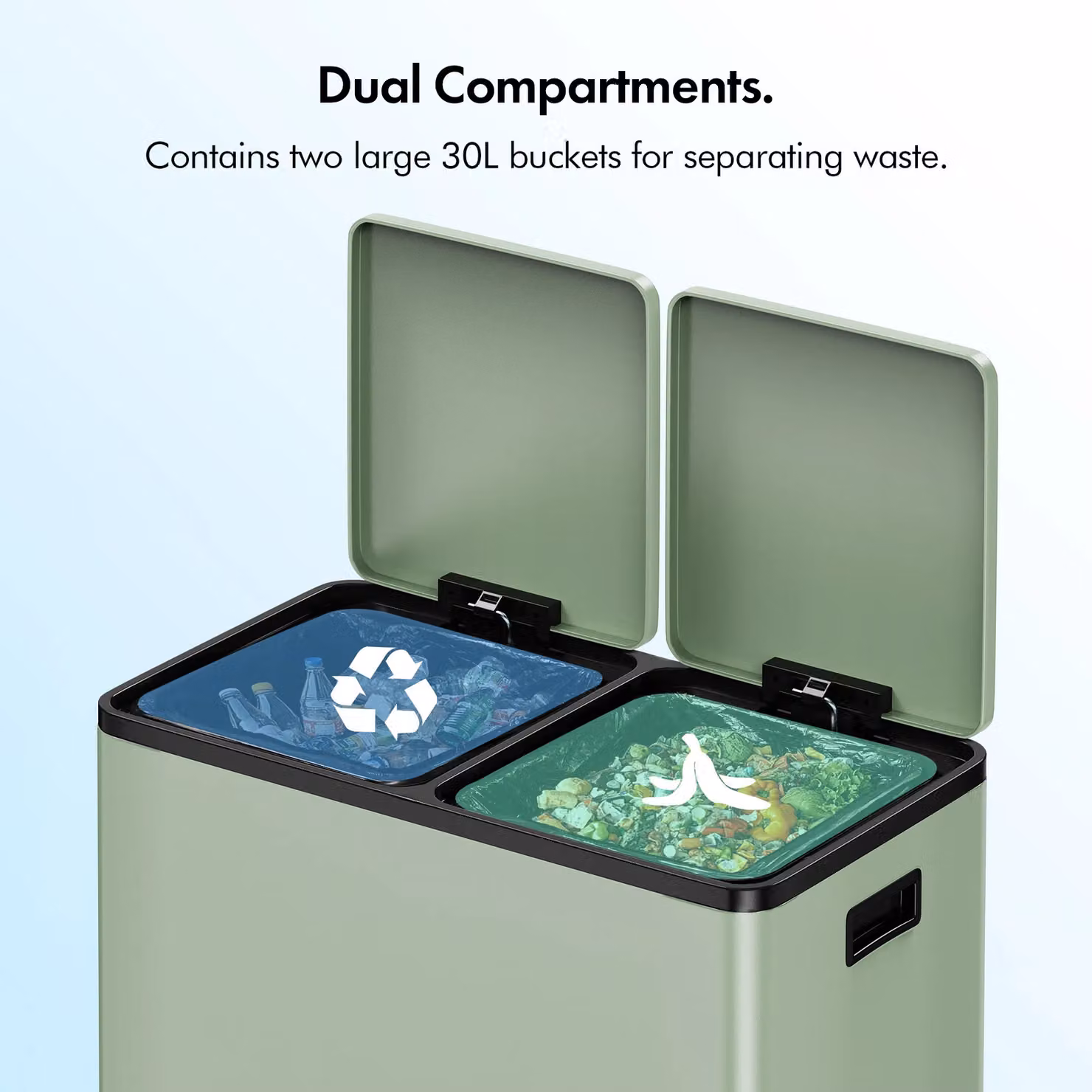 VonHaus 60L 2 Compartment Kitchen Waste and Recycling Bin with Soft Close Pedal and Removable Inner Buckets in Green – 2