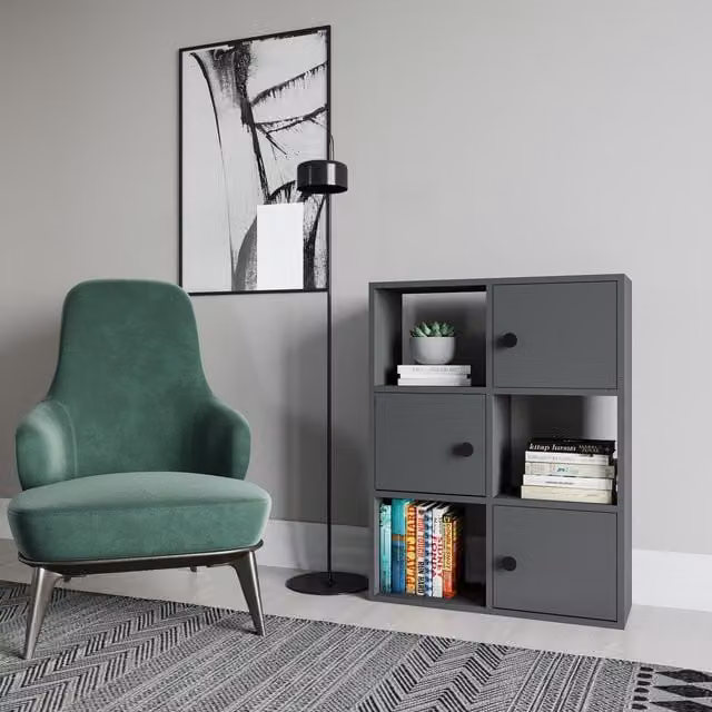 Decorotika Tasso Modern Bookcase with Cabinets in Matt Anthracite Grey, W: 94 cm
