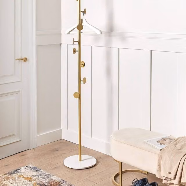 Wyld and Coco Gold Painted Aluminium Coat Stand with Marble Base, Height: 170 cm, Width: 32 cm