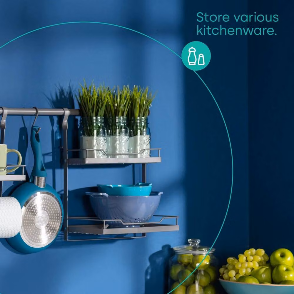 Hinsinc Grey Metal Wall Mounted Kitchen Hanging Rack with Fold Away Storage and Hanging Rod – 2