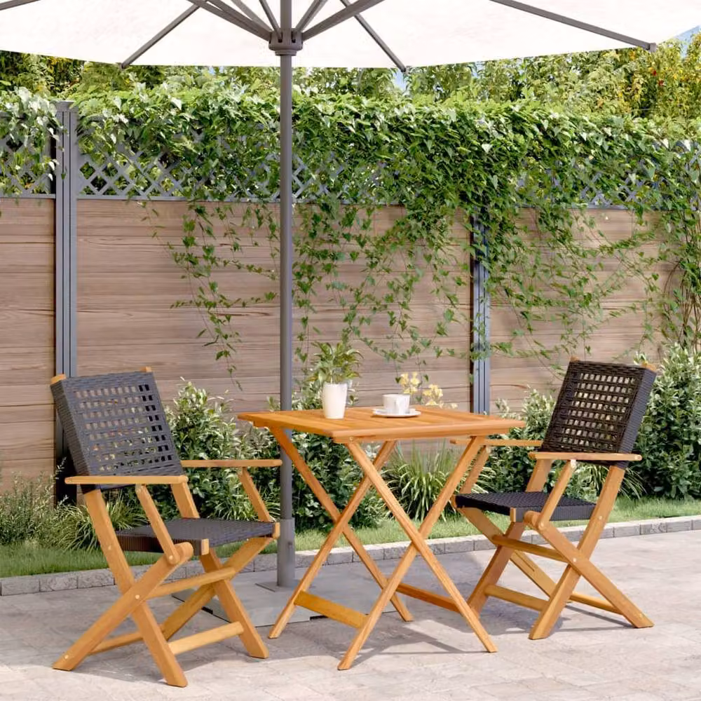 Berkfield Home 3 Piece Bistro Set in Black Poly Rattan and Acacia Wood – 2