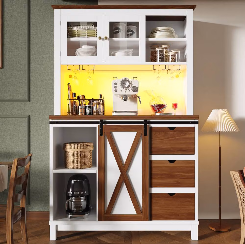 STILVORA Modern Tall Kitchen Cabinet with Integrated LED Lighting and White Sliding Glass Doors – 3