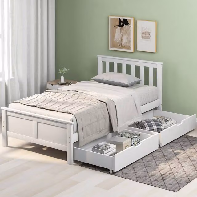 ModernLuxe White Solid Pine Single Bed with Under-bed Drawers, W/D/H: 196 x 90 x 30 cm