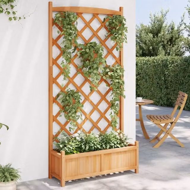 Berkfield Home Brown Solid Wood Fir Planter with Trellis – 1