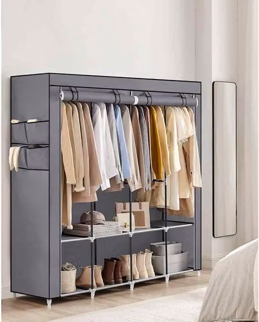 The Bazaarist Large Portable Wardrobe with 4 Hanging Rails, Internal Shelves and Side Compartments, Grey