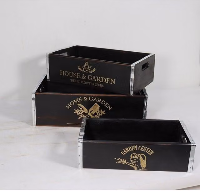 Minster Rustic Vintage Wood Garden Display Planters, Set of 3, Black