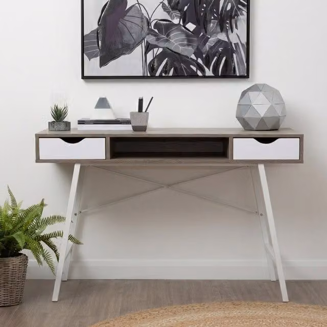 Orsina Minimalist Writing Desk with Two Drawers in Oak, Grey and White
