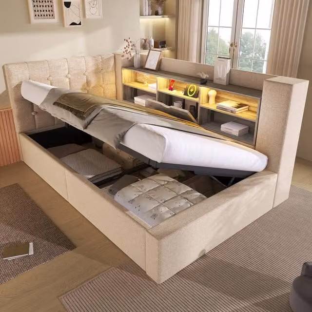 Merax Upholstered Single Storage Daybed in Beige with USB Charging Port and Bedside Shelf, W/D/H: 90 x 190 x 86 cm – 1