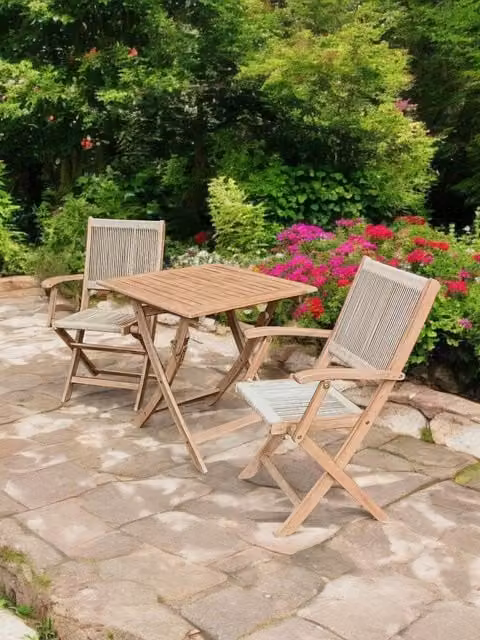 Royalcraft LONDON Square Folding Bistro Set with 2 London Rope Folding Armchairs in Brown and Sand – 1