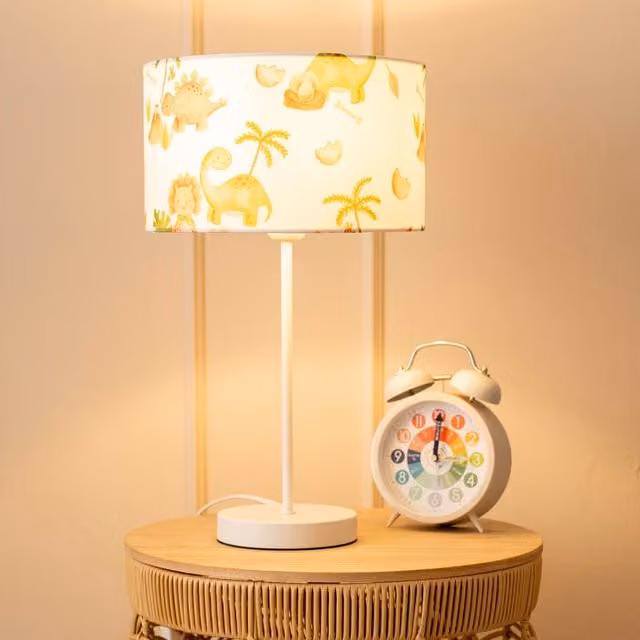 ValueLights Charlie White Metal Single Stem Table Lamp with Dinosaur Fabric Lampshade
