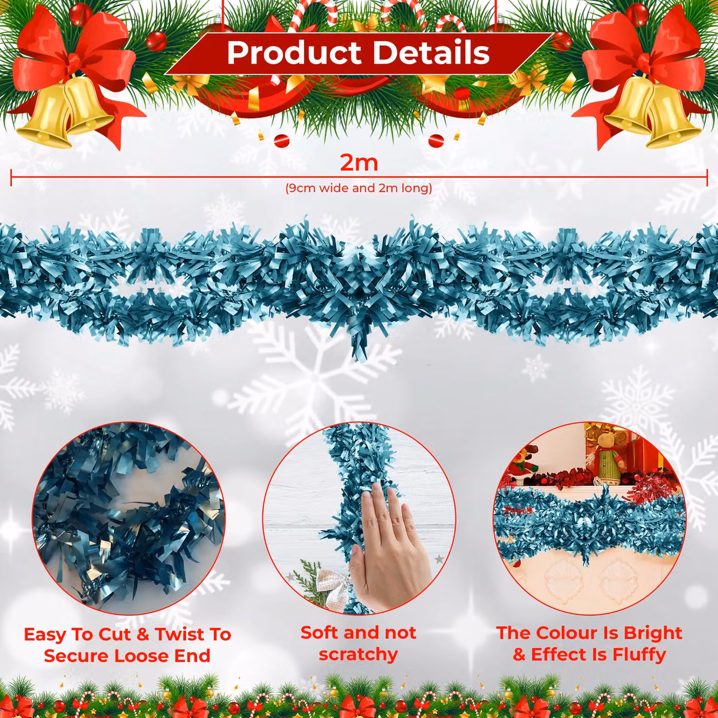 Neel Blue Shiny Metallic Chunky Tinsel Christmas Garland in Baby Blue – 2