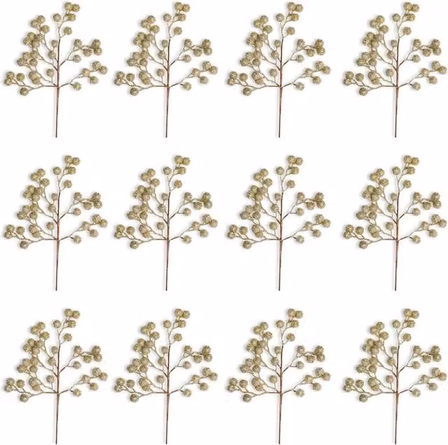 Shatchi Gold Artificial Champagne Glitter Berry Picks, 6 Pack, Height: 45 cm