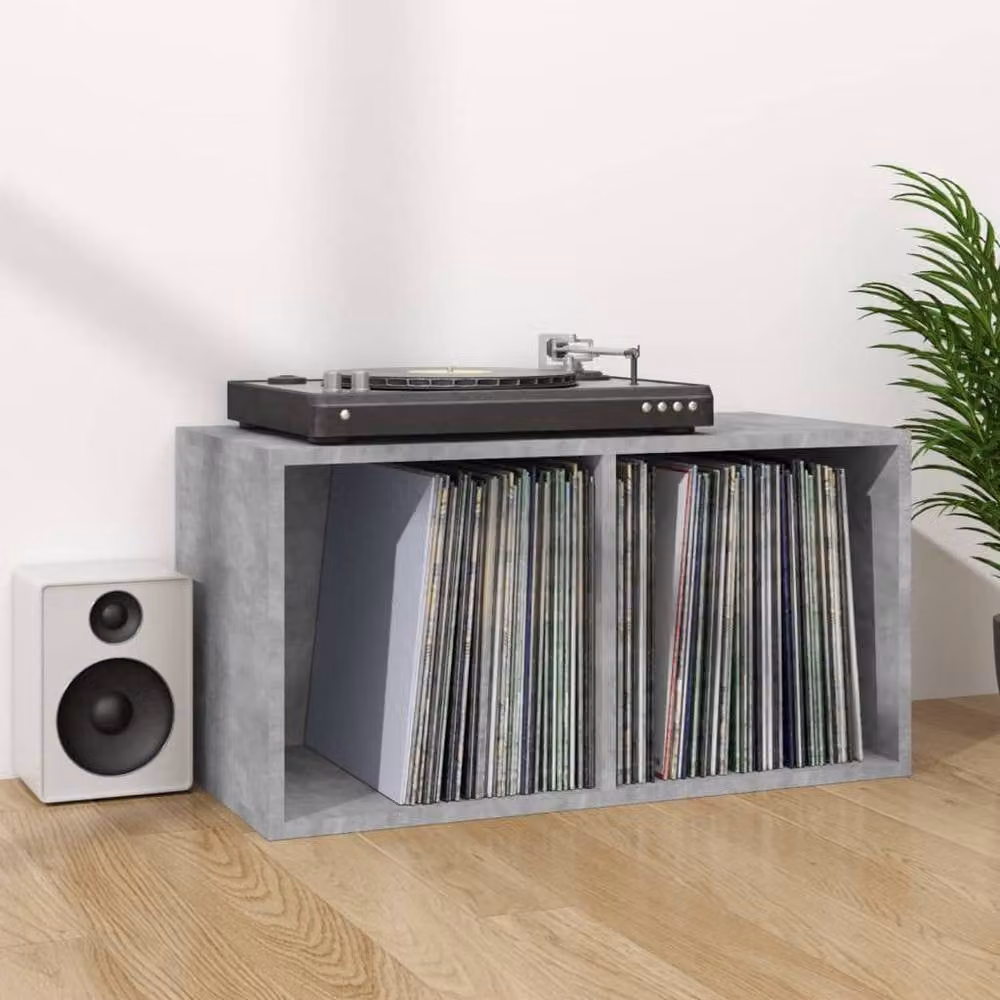 Berkfield Home Vinyl Storage Box in Concrete Grey, Engineered Wood, W: 71 cm, D: 34 cm, H: 36 cm – 1