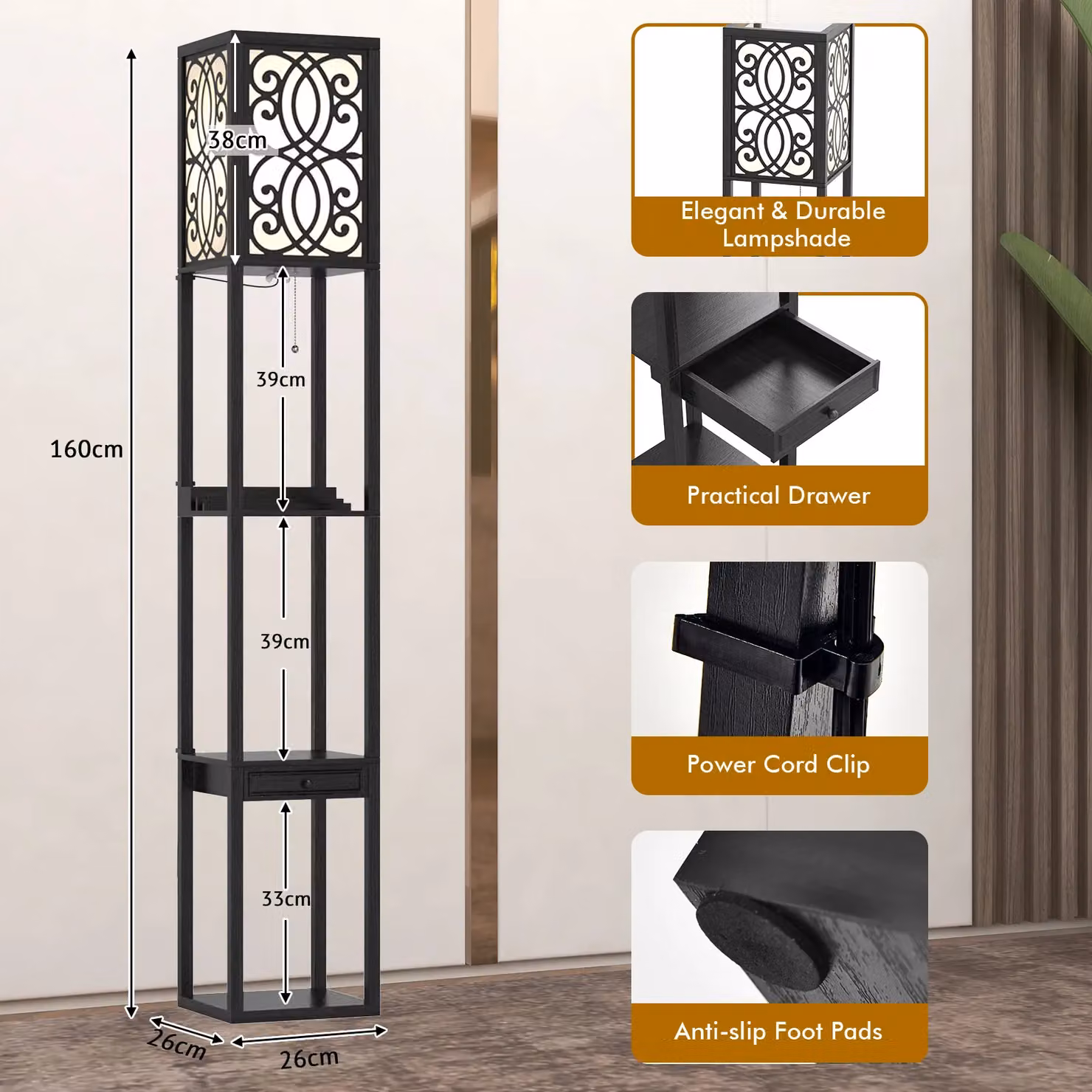 Gymax Modern Black Metal Floor Lamp with Shelving, Drawers and 2 USB Ports – 5