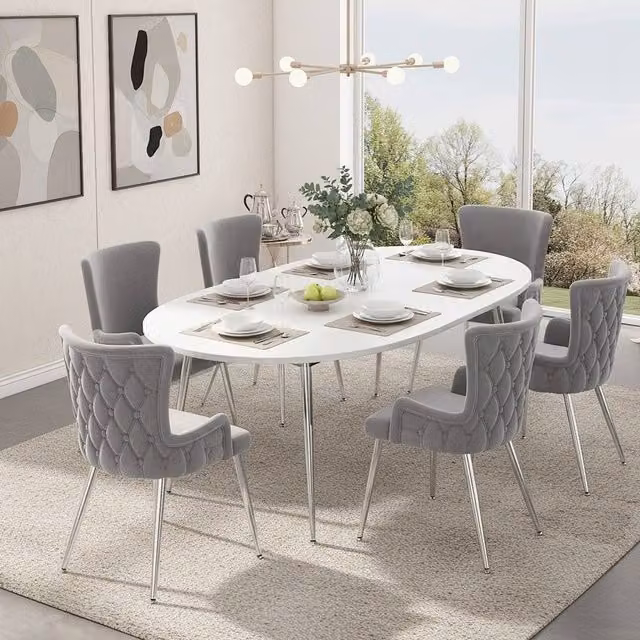 Merax Set of 6 Grey Velvet Upholstered Wingback Dining Chairs with Gold Metal Legs