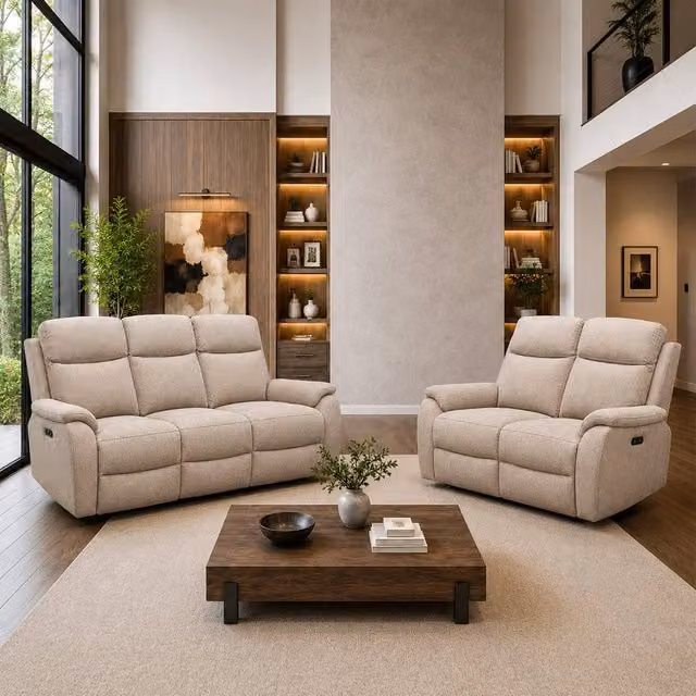 Aspire Richmond 3 and 2 Seater Power Recliner Sofa Set in Beige Chenille Fabric with USB Charging – 1