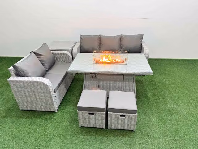 Fimous 7 Seater Grey PE Rattan Wicker Garden Furniture Set with Firepit Dining Table, 3 Seater Sofa, Love Seat and 2 Stools