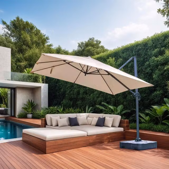 FWStyle Cantilever Standing Garden Parasol in Beige with Aluminium Frame and Polyester Canopy