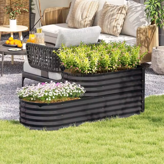 Outsunny 2-Tier Metal Planter Box with Safety Edging in Dark Grey