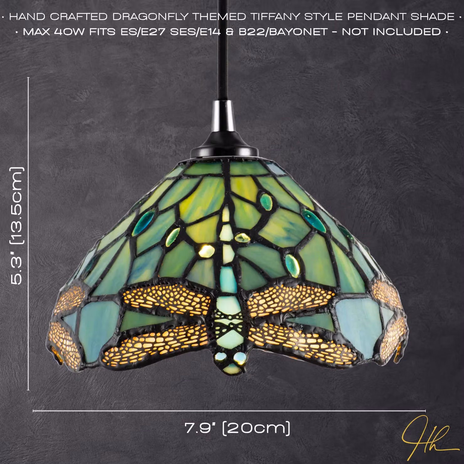 Happy Homewares Dragonfly Stained Glass Tiffany Pendant Lighting Shade with Beads in Emerald Green – 2