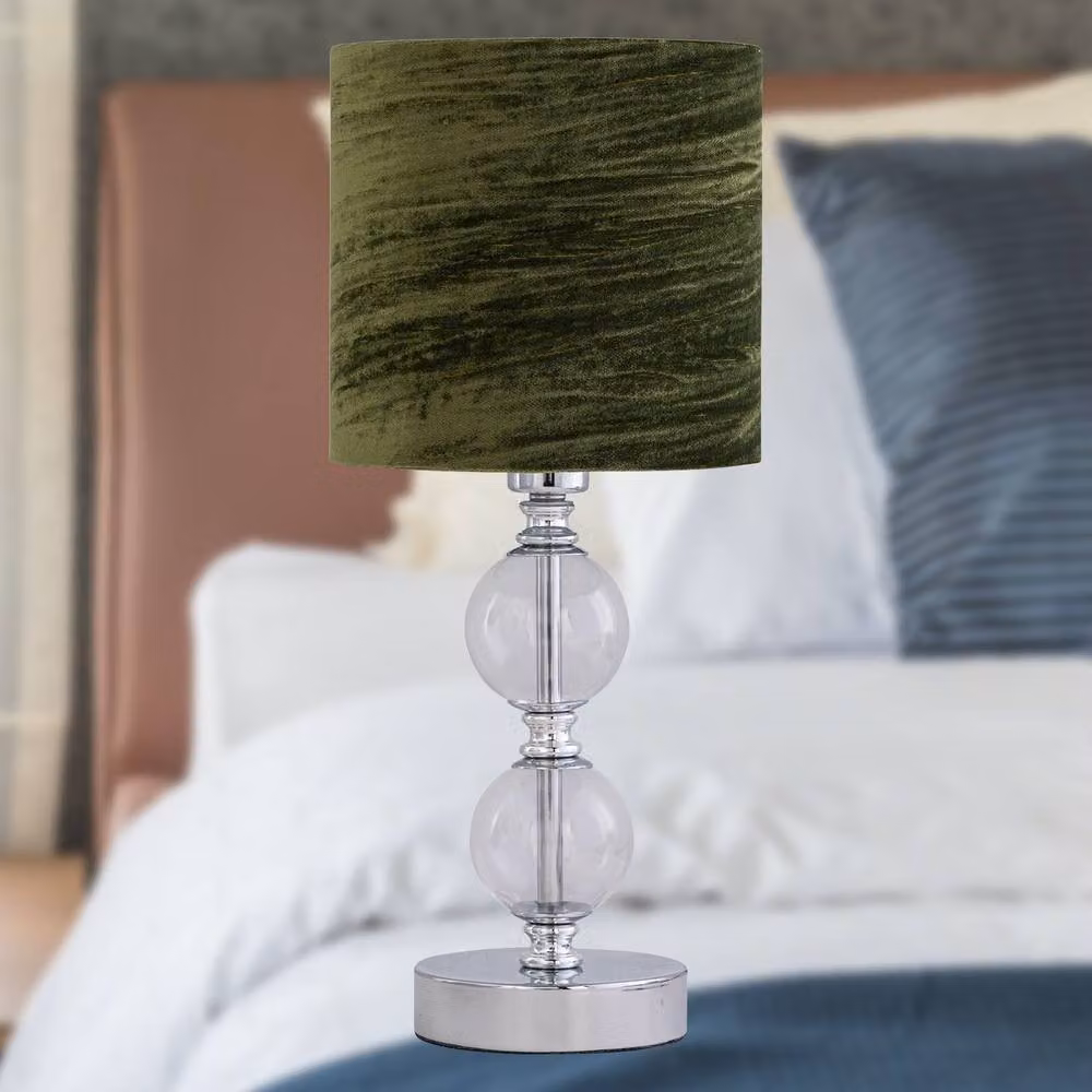 First Choice Lighting Chrome Two Ball Table Lamp with Green Crushed Velvet Shade – 3