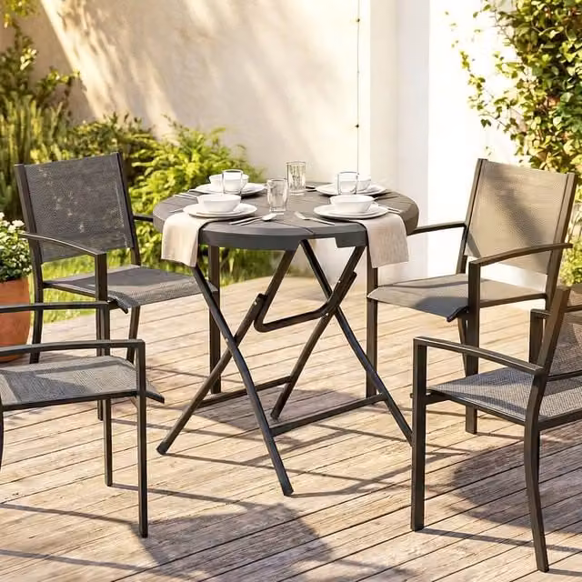 EONLION Round Garden Dining Table in Black, Diameter: 100 cm