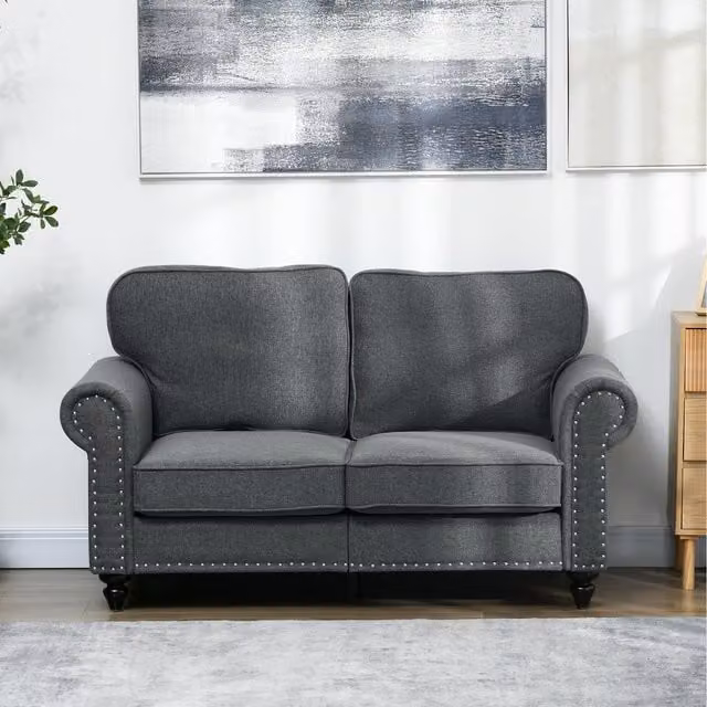HOMCOM Mid-Century Upholstered Love Seat Sofa with Nailhead Trim in Grey