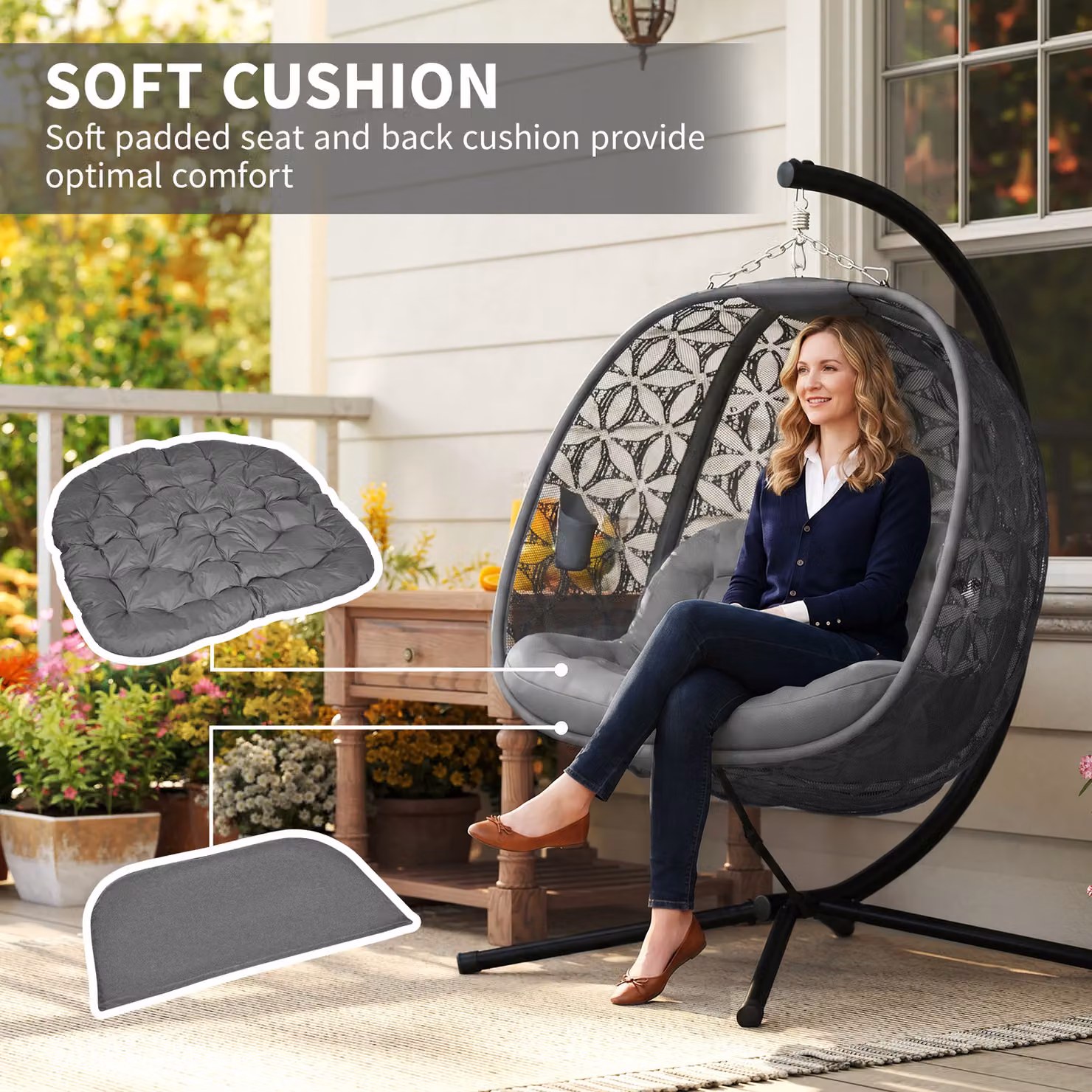 Outsunny Outdoor Double Hanging Chair with Cushions and Cup Holders, Charcoal Grey – 5