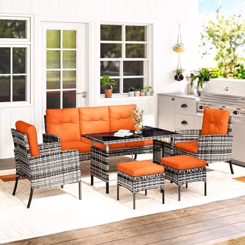 Outsunny 6 Piece Rattan Garden Furniture Set with Orange Upholstered Cushions and Powder Coated Steel Frame – 6