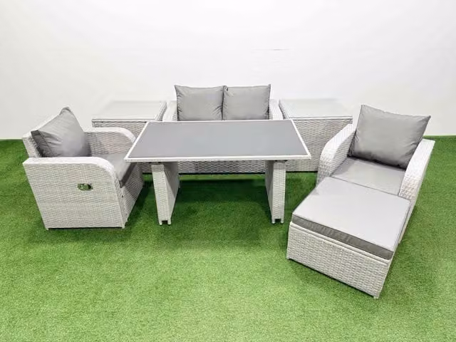 Fimous 5-Seater Outdoor Rattan Garden Furniture Dining Set with 2 Side Tables in Light Grey