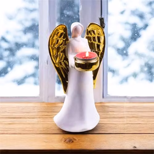 St Helens Home & Garden Ceramic Winged Angel Tealight Holder in White and Gold Wings