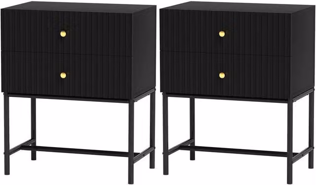 NESTLUNE Modern Bedside Table Set of 2 with 2 Drawers in Black and Gold