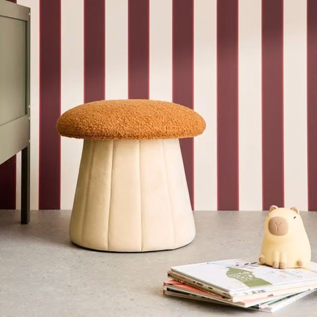 sweeek Children's Mushroom Pouf with Storage in Terracotta and Beige Teddy and Velvet Fabric – 1