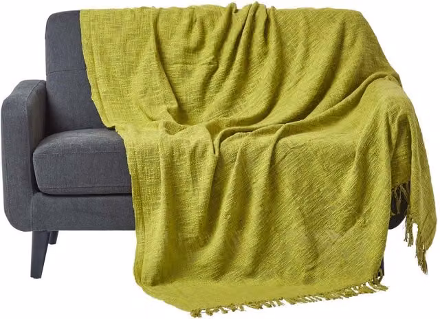 Homescapes Green Woven Cotton Throw with Fringes, Width: 360 cm