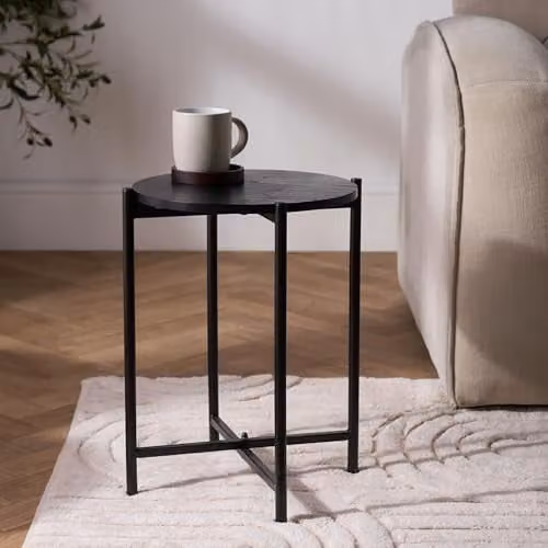 OHS Black Round Side Table with Metal Frame and MDF Laminate Top – 1