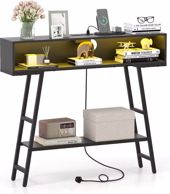 COSTWAY Industrial LED Charging Station Console Table in Black