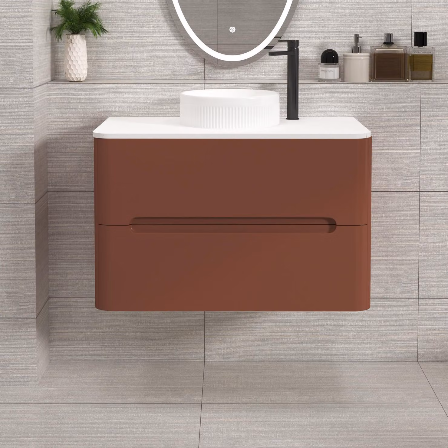 Royal Bathrooms Venice 800mm Wall Hung Vanity Unit in Terracotta Clay with 2 Drawers, Plain White Worktop and Round Basin