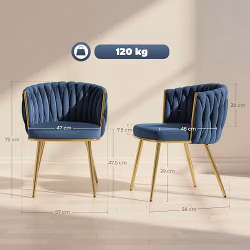 HOMCOM Set of 2 Modern Velvet Upholstered Armchairs with Metal Legs in Blue and Gold – 3