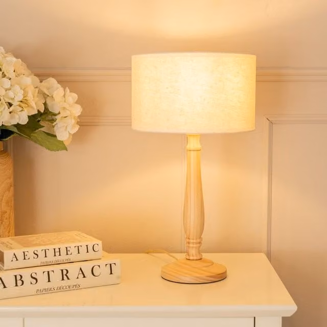 ValueLights Victoria Wood Candlestick Table Lamp with White Linen Drum Shade and LED Bulb – 1