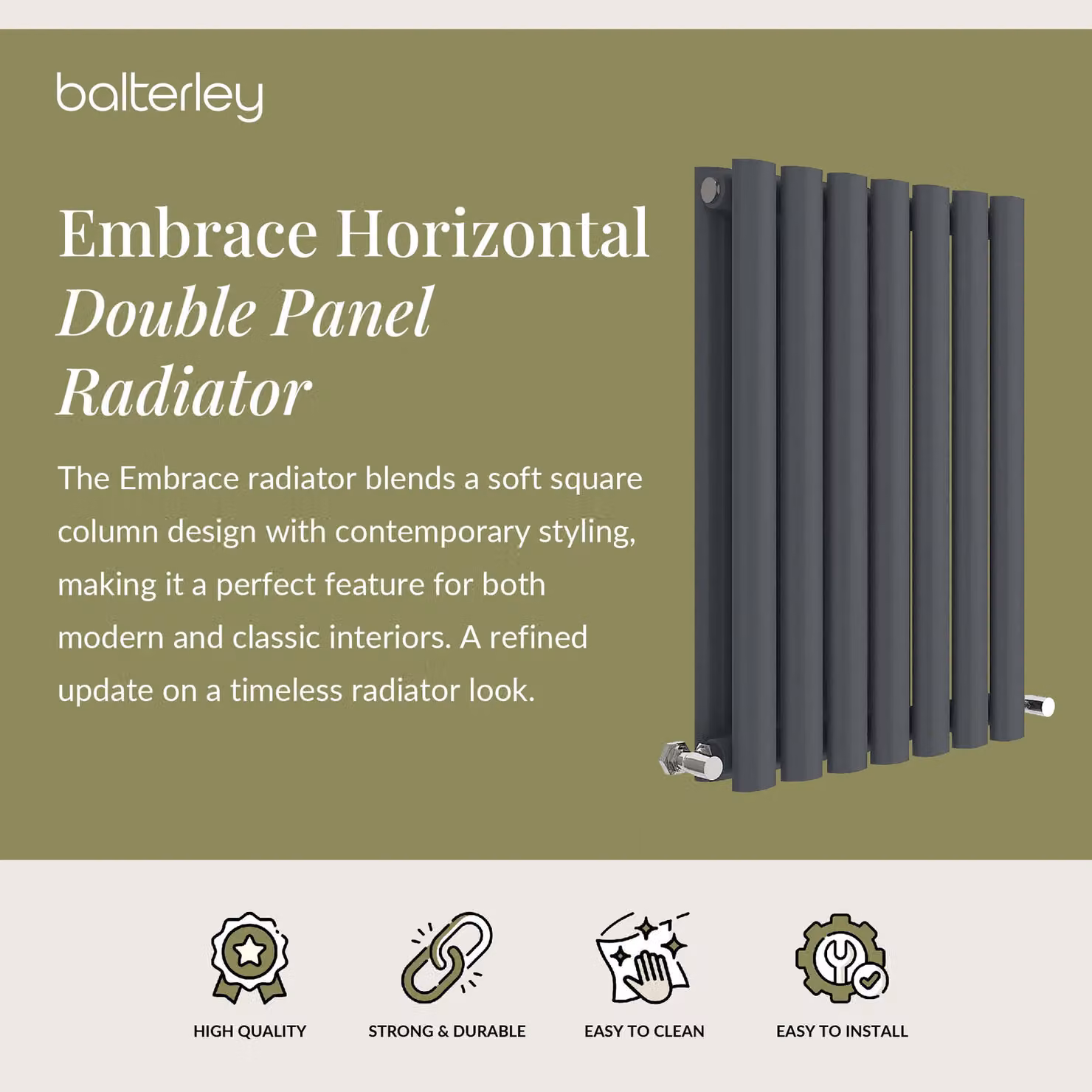Balterley Embrace Horizontal Double Panel Radiator, Grey Anthracite, W: 60.0 cm, H: 41.2 cm – 2