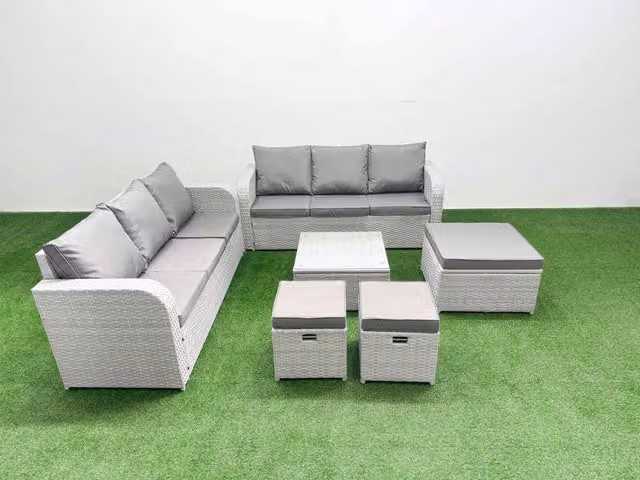 Fimous 9 Seater Wicker Rattan Garden Furniture Set in Light Grey with High Back Lounge Sofa, 3 Stools, Ottoman and Square Coffee Table