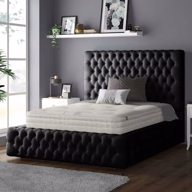 IH Design Royal Chesterfield Upholstered Plush Velvet Bed Frame, Black, Single