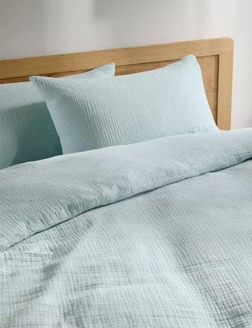 M&S Pure Cotton Muslin Bedding Set, Light Aqua Blue, 140 x 200 cm